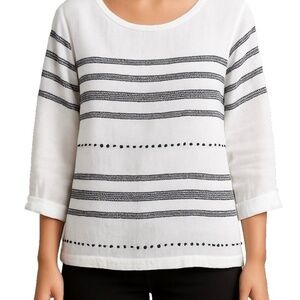 J. Jill Love Linen 3X White Black Embroidered Top Boho 3/4 Sleeve- SALE